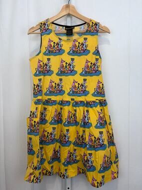 NOOWORKS Big Pocket Tank Dress Sleeveless Dog Party Print Cotton Yellow Size S